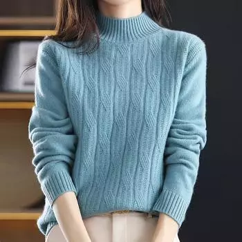 Осень-зима толстый теплый свитер женский полувысокий воротник кашемировый свитер корейский однотонный зеленый повседневный базовый пуловер трикотаж S синий