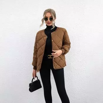 Осень-зима Тонкая парка Женская повседневная однотонная длинная квадратная повседневная свободная короткая куртка с круглым вырезом Верхняя одежда XS белый