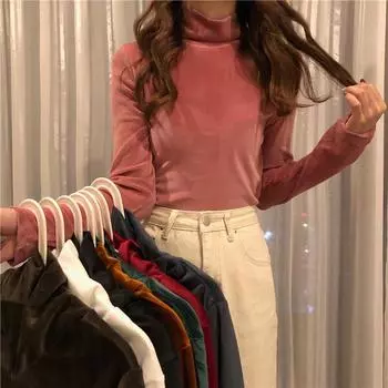 Осень-зима Тонкая водолазка повседневные футболки женские с длинным рукавом золотистый бархат нижняя футболка женские пуловеры утолщенный топ Y2k M