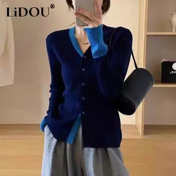 Осень-зима, тонкий лоскутный кардиган с v-образным вырезом, джемперы, женские повседневные джемперы с длинными рукавами, простой модный вязаный топ на пуговицах, женское пальто S чёрный