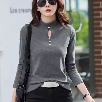 Осень-зима Тонкий полуводолазка повседневные футболки женские футболки с длинным рукавом женские пуловеры ажурные одежда утолщенные топы M