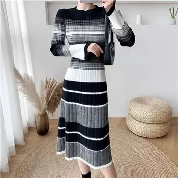 Осень-зима трикотажное платье женское синее полосатое О-образное длинное платье-свитер женское платье с длинным рукавом элегантный трикотаж шикарный S чёрный