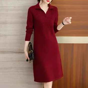 Осень-зима трикотажное женское платье-свитер, новое модное элегантное платье-пуловер с длинным рукавом, однотонное повседневное платье с лацканами для женщин 1318 One Size красный