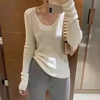 Осень-зима Трикотажный свитер с длинными рукавами U-образный вырез с низкой ключицей Однотонный вязаный свитер Женская тонкая верхняя одежда Корейский облегающий базовый свитер для женщин one size хаки
