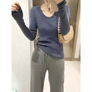 Осень-зима Трикотажный свитер с длинными рукавами U-образный вырез с низкой ключицей Однотонный вязаный свитер Женская тонкая верхняя одежда Корейский облегающий базовый свитер для женщин one size белый