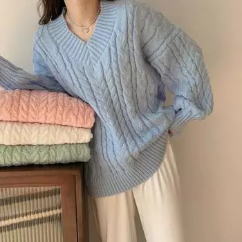 Осень-зима Twist женский вязаный свитер с V-образным вырезом свободный корейский модный повседневный пуловер простой длинный рукав трикотажные топы милая элегантная одежда 1653 One Size розовый