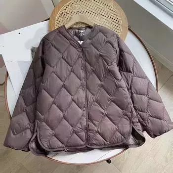 Осень-зима ультралегкая мягкая стеганая куртка без воротника с V-образным вырезом повседневная короткая женская повседневная свободная однобортная куртка на утином пуху XXXL коричневый
