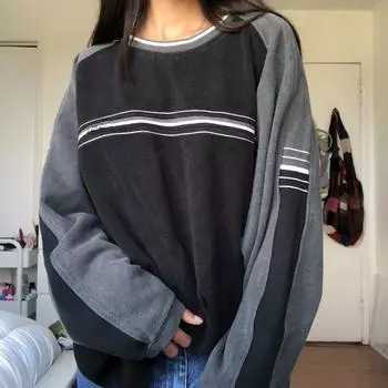 Осень-зима уличная футболка контрастные лоскутные толстовки Harajuku винтажный корейский стиль повседневные пуловеры с длинными рукавами женские S чёрный