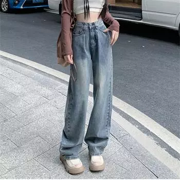 Осень-зима, уличная одежда с высокой талией, винтажные повседневные женские джинсовые брюки с широкими штанинами, утепленные мешковатые прямые брюки для женщин XS