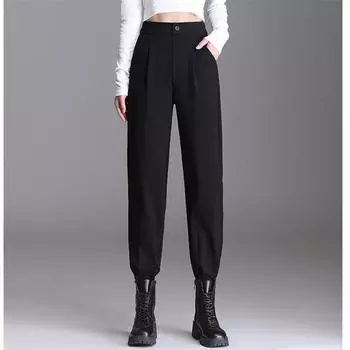 Осень-зима, уличная одежда с высокой талией, брюки с высокой талией, винтажные корейские элегантные свободные однотонные модные повседневные теплые брюки-карандаш S чёрный