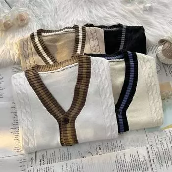 Осень-зима унисекс свитер кардиган с карманами V-образный вырез вязать цвет подходящего цвета M чёрный