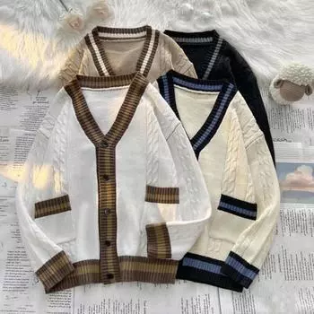 Осень-зима унисекс свитер кардиган с карманами V-образный вырез трикотаж цвет соответствует японский стиль толстый эластичный длинный рукав облегающий теплый трикотаж на каждый день M чёрный