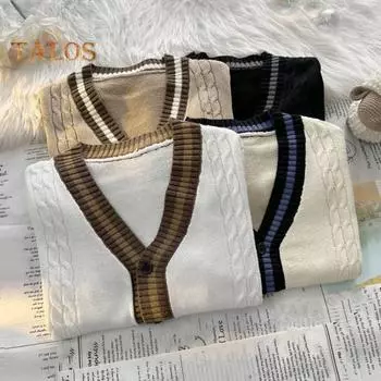 Осень-зима унисекс свитер кардиган с карманами V-образный вырез трикотаж цвет соответствует японский стиль толстый эластичный длинный рукав облегающий теплый трикотаж на каждый день M абрикосовый