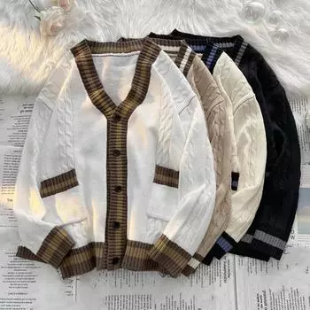 Осень-зима унисекс свитер кардиган с карманами V-образный вырез трикотажный цвет японский стиль толстый эластичный длинный рукав облегающий крой для женщин M хаки