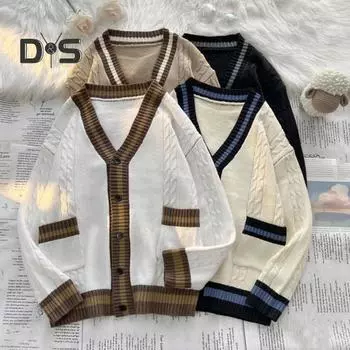 Осень-зима унисекс свитер кардиган с карманами V-образный вырез трикотаж цвет соответствует японский стиль толстый эластичный длинный рукав облегающий теплый трикотаж на каждый день M хаки