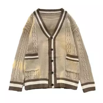 Осень-зима унисекс свитер кардиган с карманами V-образный вырез трикотаж цветной японский M белый