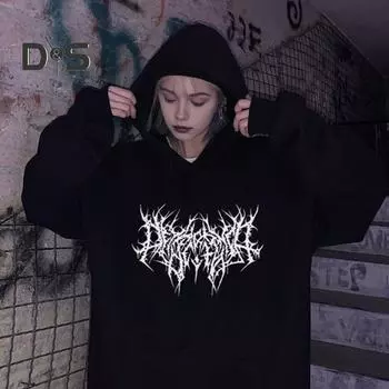 Осень-зима унисекс толстовка с капюшоном затягивающийся эластичный манжет с принтом шипов плотный флис накладной карман свободный длинный рукав свитер теплый топ S чёрный