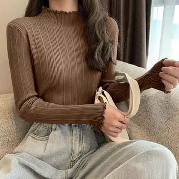 Осень/зима, универсальная, с длинным рукавом, тонкая трикотажная рубашка, внутренняя верхняя половина, высокий воротник, новая базовая рубашка, внешний свитер для женщин one size чёрный