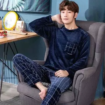 осень зима утепленная фланель теплая пижама коралловый флис клетчатая пижама комплект мягкая пижама мужская пижама домашняя одежда мужская одежда для отдыха L темно-синий