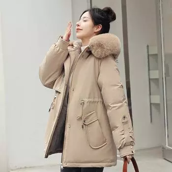 Осень-зима, утепленная теплая парка, женская повседневная однотонная свободная короткая парка с капюшоном и меховым пальто, куртки Outwea