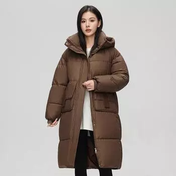 Осень-зима, утепленная теплая парка, женская повседневная милая однотонная свободная куртка с большим карманом, длинное пальто с капюшоном, верхняя одежда M кофейный
