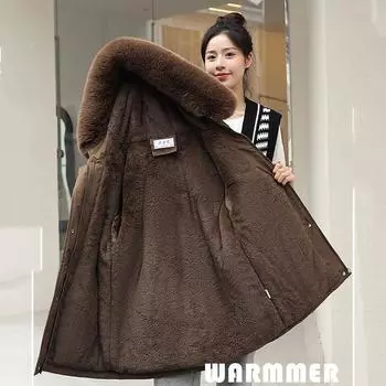 Осень-зима, утепленная теплая парка, женская повседневная однотонная свободная короткая парка с капюшоном и меховым пальто, куртки Outwea M хаки