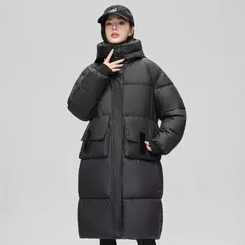 Осень-зима, утепленная теплая парка, женская повседневная милая однотонная свободная куртка с большим карманом, длинное пальто с капюшоном, верхняя одежда L бежевый