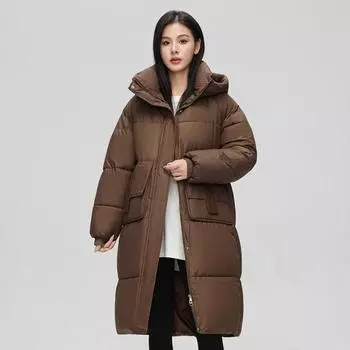 Осень-зима, утепленная теплая парка, женская повседневная милая однотонная свободная куртка с большим карманом, длинное пальто с капюшоном, верхняя одежда M коричневый