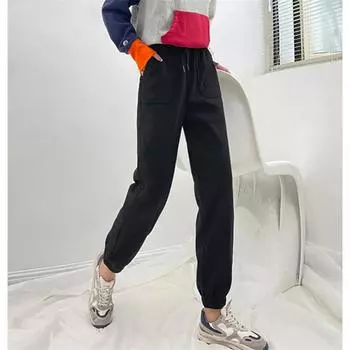 Осень-зима утолщающие теплые уличные брюки женские спортивные штаны мешковатые модные повседневные однотонные брюки в стиле Харадзюку S чёрный