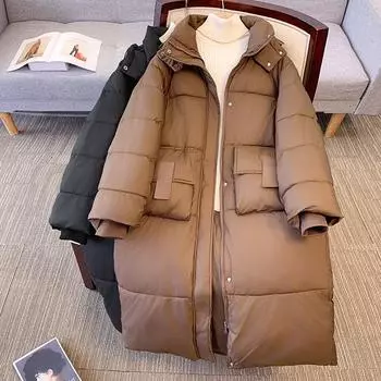 Осень-зима утолщенная теплая длинная парка с капюшоном женская повседневная однотонная большая карманная свободная стойка воротник пальто куртки верхняя одежда M кофейный