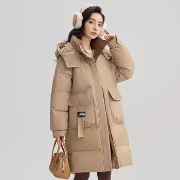 Осень-зима утолщенная теплая длинная парка с воротником-стойкой женская повседневная однотонная большая карманная свободная куртка с капюшоном куртки верхняя одежда M вино красного