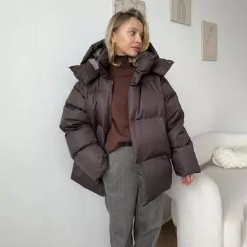 Осень-зима утолщенная теплая парка женская повседневная однотонная карманная свободная короткая куртка с капюшоном верхняя одежда S бордовый