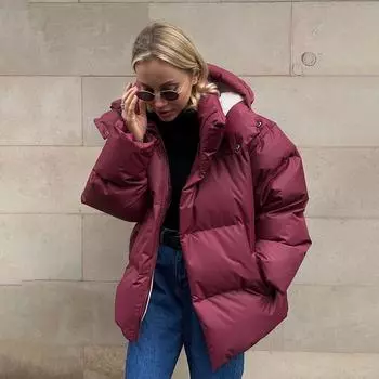 Осень-зима утолщенная теплая парка женская повседневная однотонная карманная свободная короткая куртка с капюшоном верхняя одежда S светло-серый