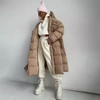 Осень-зима утолщенная теплая парка женская повседневная однотонная карманная свободная длинная куртка с капюшоном верхняя одежда S хаки