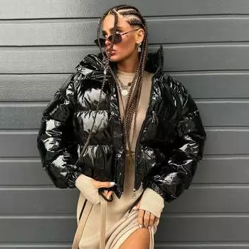 Осень-зима утолщенная теплая парка женская повседневная однотонная карманная свободная короткая куртка с капюшоном верхняя одежда S чёрный