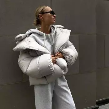 Осень-зима утолщенная теплая парка женская повседневная однотонная карманная свободная короткая куртка с капюшоном верхняя одежда S светло-серый