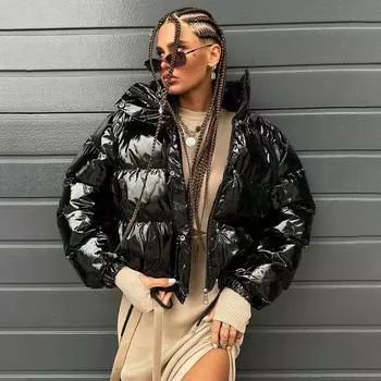 Осень-зима утолщенная теплая парка женская повседневная однотонная карманная свободная короткая куртка с капюшоном верхняя одежда S чёрный