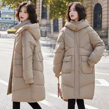Осень-зима утолщенная теплая свободная длинная парка с воротником-стойкой женская повседневная однотонная куртка с большим карманом и капюшоном, куртка, верхняя одежда M хаки