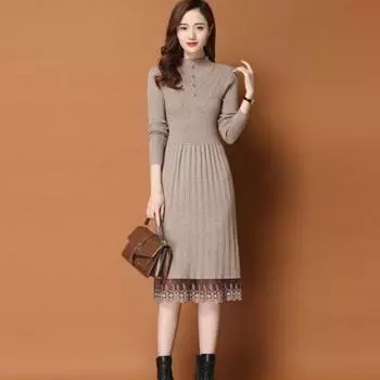 Осень-зима Утолщенное трикотажное платье Женское трикотажное платье с длинными рукавами, длинное выше колена, кружевное платье Милое платье А-силуэта S