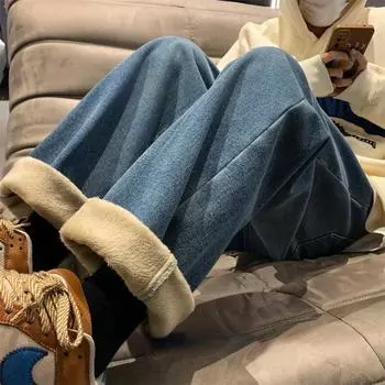 Осень-зима, утолщенные широкие джинсы, женские, ретро, с высокой талией, для студентов, Харадзюку, мешковатые брюки, для подростков 2000 года, универсальная уличная мода S