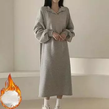 осень зима утолщенные теплые женские платья мода длинный рукав флис однотонные свободные повседневные макси платья для женщин облегающее платье One size