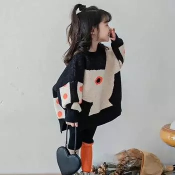 Осень-зима утолщенный теплый свитер комплект свитеров для девочек детская одежда утолщенный теплый свободный комплект из двух частей нерегулярный узор разветвленный хлопок 140cm чёрный