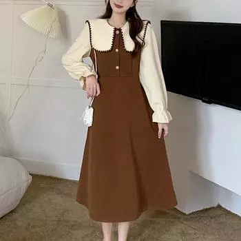 Осень-зима утолщенный вельветовый трапециевидный силуэт Платье для женщин повседневное свободное с длинным рукавом Женские платья с воротником Питер Пэн До середины икры vestidos M