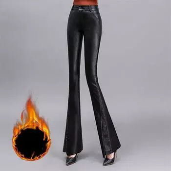 Осень-зима узкие расклешенные брюки утолщенные теплые узкие прямые брюки корейские модные женские повседневные брюки клеш из искусственной кожи S чёрный