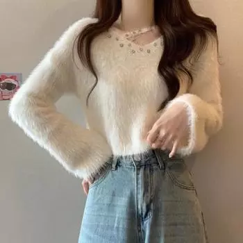 Осень-зима V-образный вырез Повседневный теплый свитер-свитер Женская модная зимняя одежда Длинные рукава Свободные короткие свитера Элегантный облегающий сплошной трикотаж 24813 One Size белый