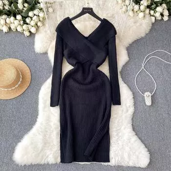 Осень-зима V-образный вырез разрез трикотажные платья легкое роскошное повседневное длинное платье с длинным рукавом облегающие платья женские One Size бежевый