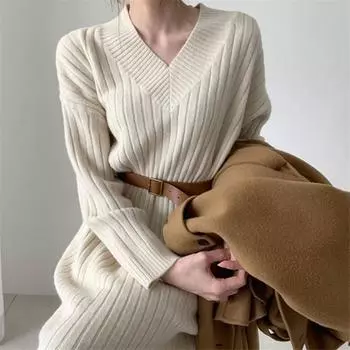Осень-зима V-образный вырез трикотажное теплое однотонное платье женские прямые платья тонкие длинные рукава трикотажные свитера платья элегантные One Size коричневый