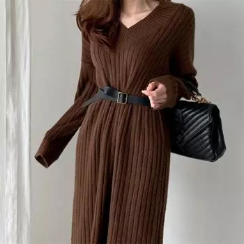 Осень-зима V-образный вырез трикотажное теплое однотонное платье женские прямые платья тонкие длинные рукава трикотажные свитера платья элегантные One Size коричневый
