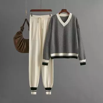 Осень-зима V-образный вырез в полоску цветной пуловер с длинным рукавом свитер комплекты для женщин повседневные универсальные широкие брюки длинные костюмы One Size чёрный