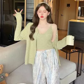 Осень-зима Велюровая пижама Подтяжки Кардиган Брюки Тройка Домашняя одежда Свободное повседневное Теплое интимное белье Пижамы M